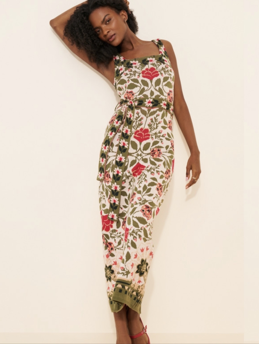 FARM Rio Floral Midi Dress in Olive Green, Cream & Red